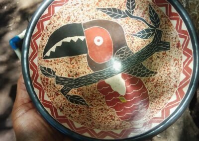 Enrique Castillo señala con la mano un pequeño plato de cerámica chorotega en primer plano con un dibujo de un tucán